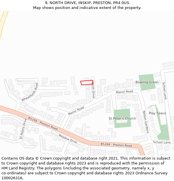 9, NORTH DRIVE, INSKIP, PRESTON, PR4 0US: Location map and indicative extent of plot