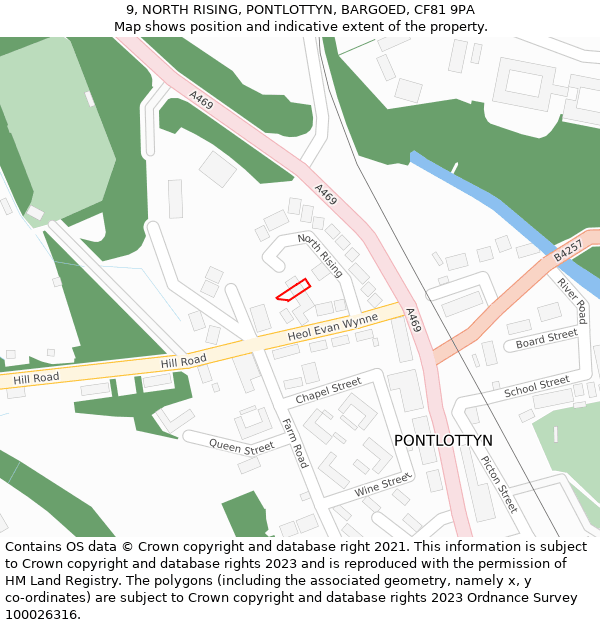 9, NORTH RISING, PONTLOTTYN, BARGOED, CF81 9PA: Location map and indicative extent of plot