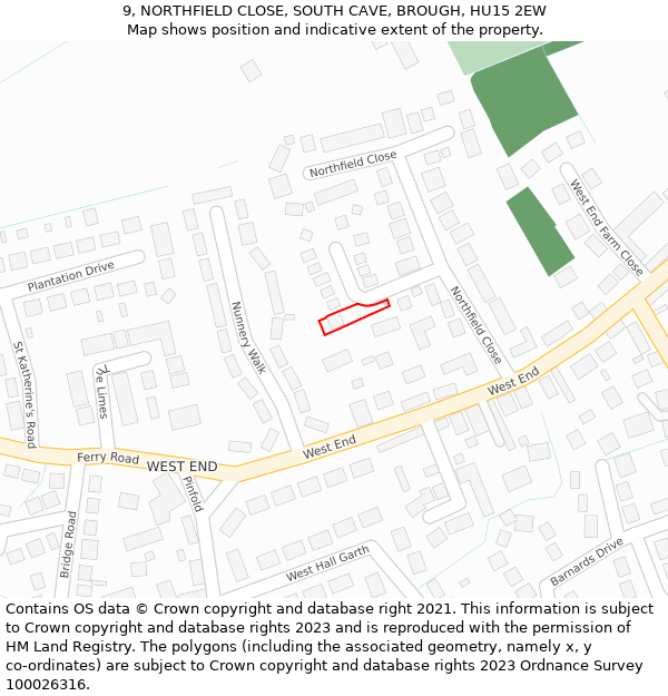 9, NORTHFIELD CLOSE, SOUTH CAVE, BROUGH, HU15 2EW: Location map and indicative extent of plot