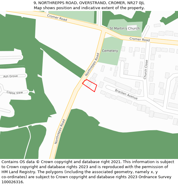 9, NORTHREPPS ROAD, OVERSTRAND, CROMER, NR27 0JL: Location map and indicative extent of plot