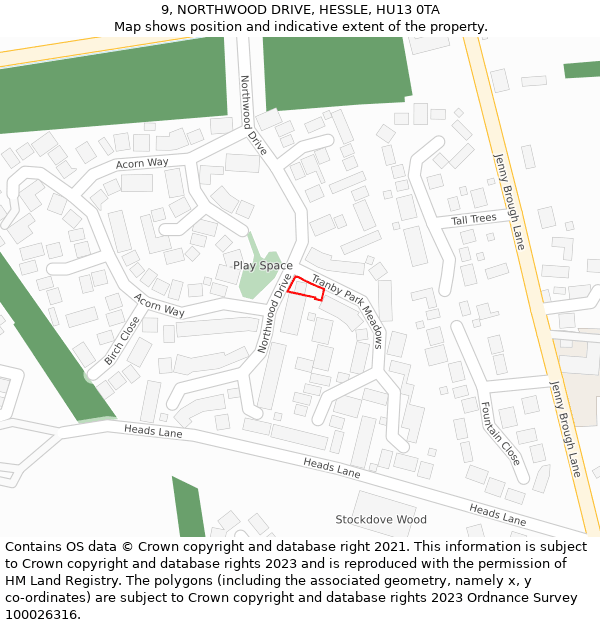 9, NORTHWOOD DRIVE, HESSLE, HU13 0TA: Location map and indicative extent of plot