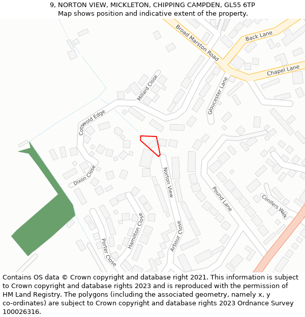 9, NORTON VIEW, MICKLETON, CHIPPING CAMPDEN, GL55 6TP: Location map and indicative extent of plot