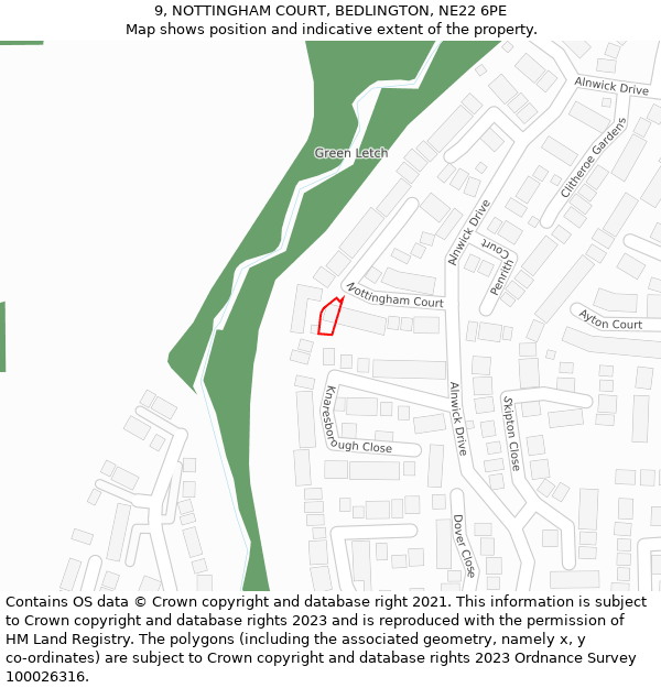 9, NOTTINGHAM COURT, BEDLINGTON, NE22 6PE: Location map and indicative extent of plot