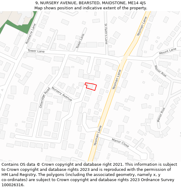 9, NURSERY AVENUE, BEARSTED, MAIDSTONE, ME14 4JS: Location map and indicative extent of plot