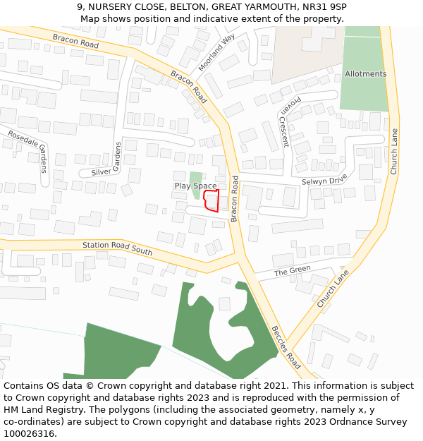 9, NURSERY CLOSE, BELTON, GREAT YARMOUTH, NR31 9SP: Location map and indicative extent of plot