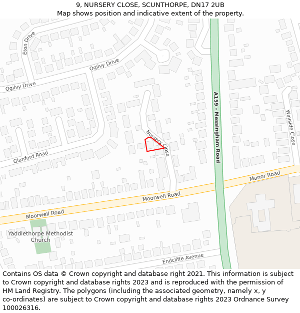 9, NURSERY CLOSE, SCUNTHORPE, DN17 2UB: Location map and indicative extent of plot