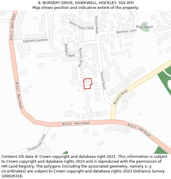 9, NURSERY DRIVE, HAWKWELL, HOCKLEY, SS5 4FH: Location map and indicative extent of plot