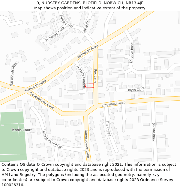 9, NURSERY GARDENS, BLOFIELD, NORWICH, NR13 4JE: Location map and indicative extent of plot