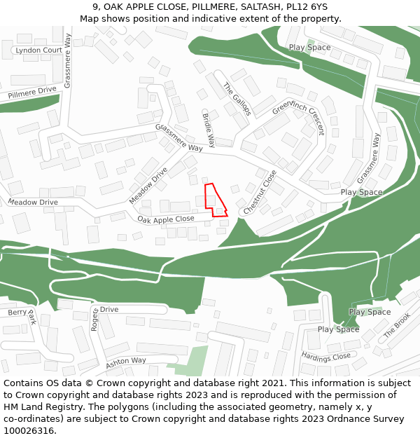 9, OAK APPLE CLOSE, PILLMERE, SALTASH, PL12 6YS: Location map and indicative extent of plot