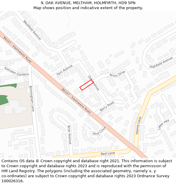 9, OAK AVENUE, MELTHAM, HOLMFIRTH, HD9 5PN: Location map and indicative extent of plot