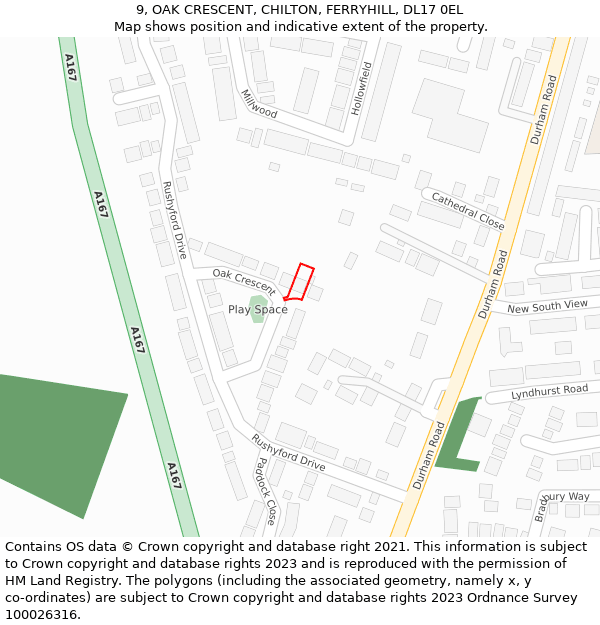 9, OAK CRESCENT, CHILTON, FERRYHILL, DL17 0EL: Location map and indicative extent of plot