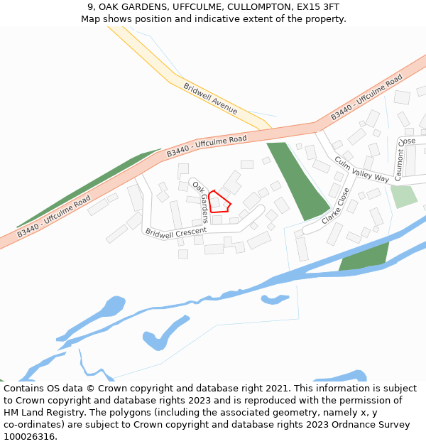 9, OAK GARDENS, UFFCULME, CULLOMPTON, EX15 3FT: Location map and indicative extent of plot