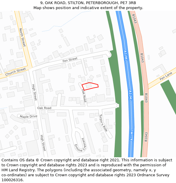 9, OAK ROAD, STILTON, PETERBOROUGH, PE7 3RB: Location map and indicative extent of plot