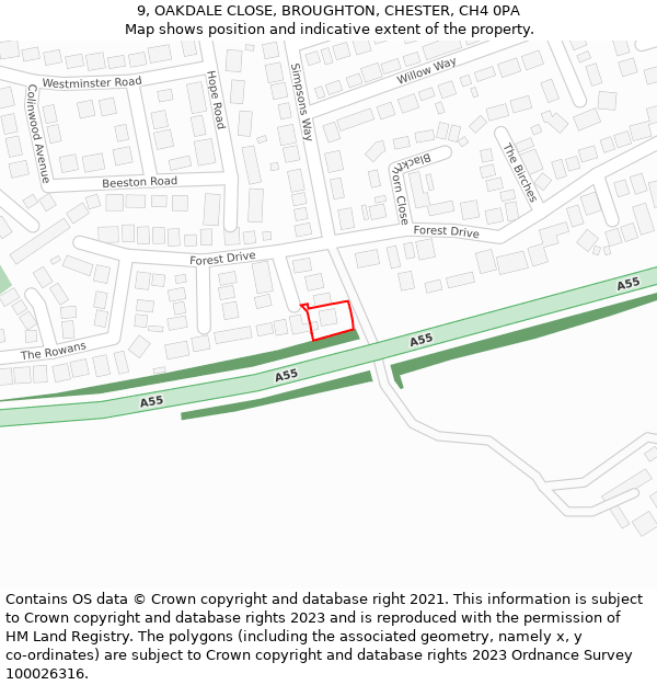 9, OAKDALE CLOSE, BROUGHTON, CHESTER, CH4 0PA: Location map and indicative extent of plot