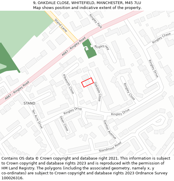 9, OAKDALE CLOSE, WHITEFIELD, MANCHESTER, M45 7LU: Location map and indicative extent of plot