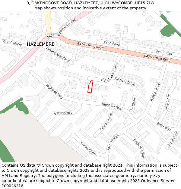 9, OAKENGROVE ROAD, HAZLEMERE, HIGH WYCOMBE, HP15 7LW: Location map and indicative extent of plot