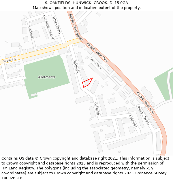 9, OAKFIELDS, HUNWICK, CROOK, DL15 0GA: Location map and indicative extent of plot