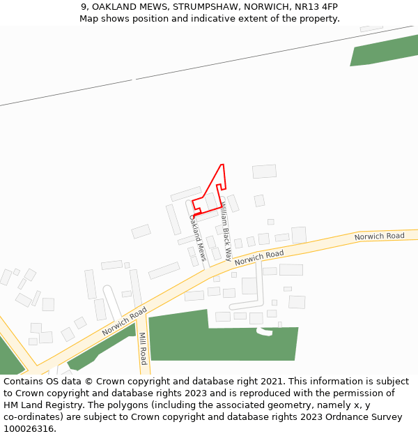 9, OAKLAND MEWS, STRUMPSHAW, NORWICH, NR13 4FP: Location map and indicative extent of plot