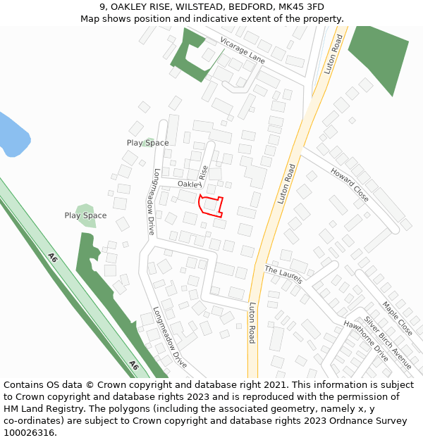 9, OAKLEY RISE, WILSTEAD, BEDFORD, MK45 3FD: Location map and indicative extent of plot