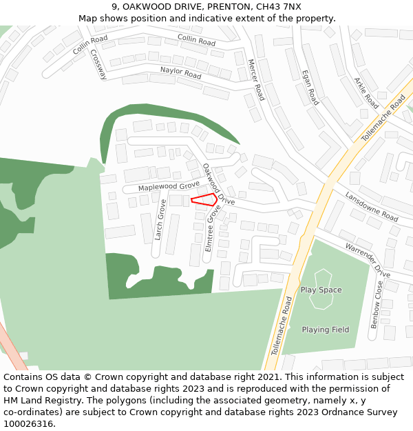 9, OAKWOOD DRIVE, PRENTON, CH43 7NX: Location map and indicative extent of plot
