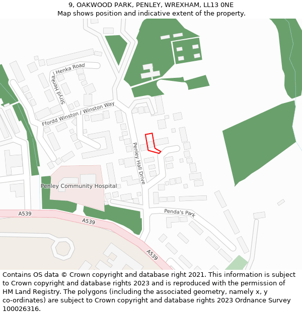 9, OAKWOOD PARK, PENLEY, WREXHAM, LL13 0NE: Location map and indicative extent of plot