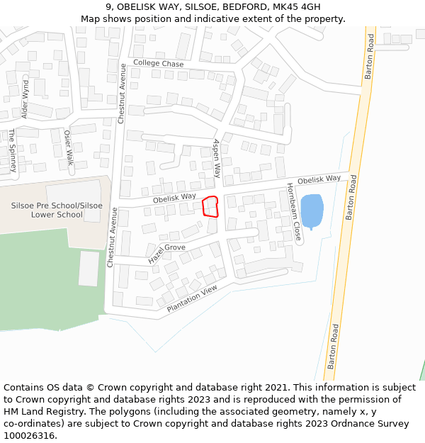 9, OBELISK WAY, SILSOE, BEDFORD, MK45 4GH: Location map and indicative extent of plot