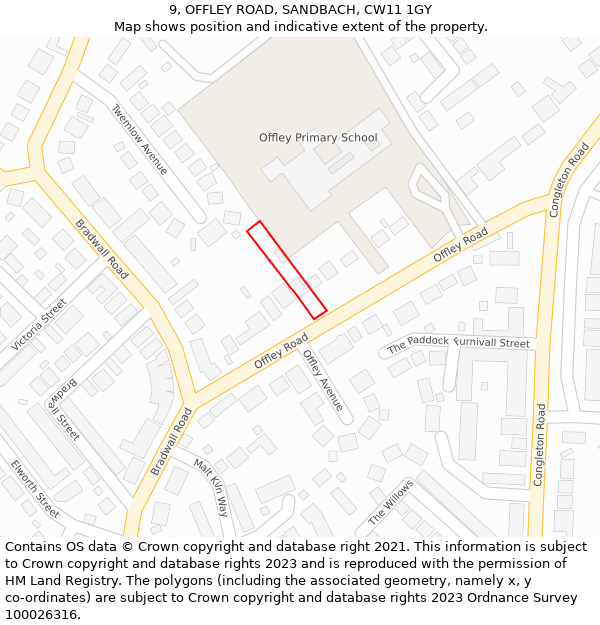 9, OFFLEY ROAD, SANDBACH, CW11 1GY: Location map and indicative extent of plot