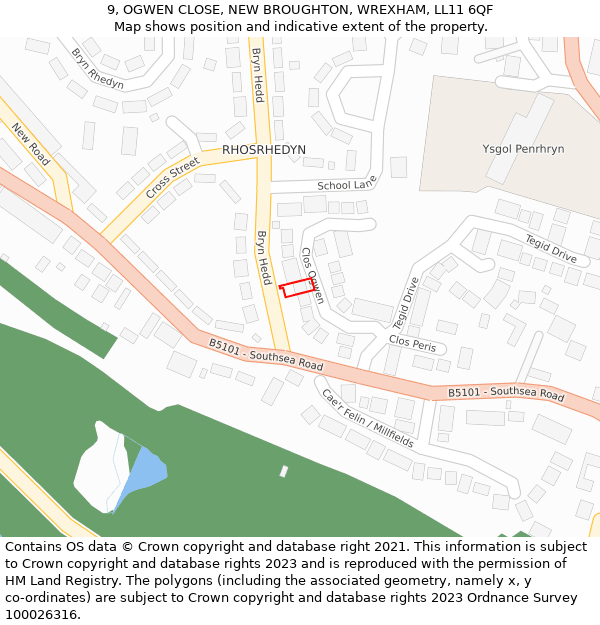 9, OGWEN CLOSE, NEW BROUGHTON, WREXHAM, LL11 6QF: Location map and indicative extent of plot