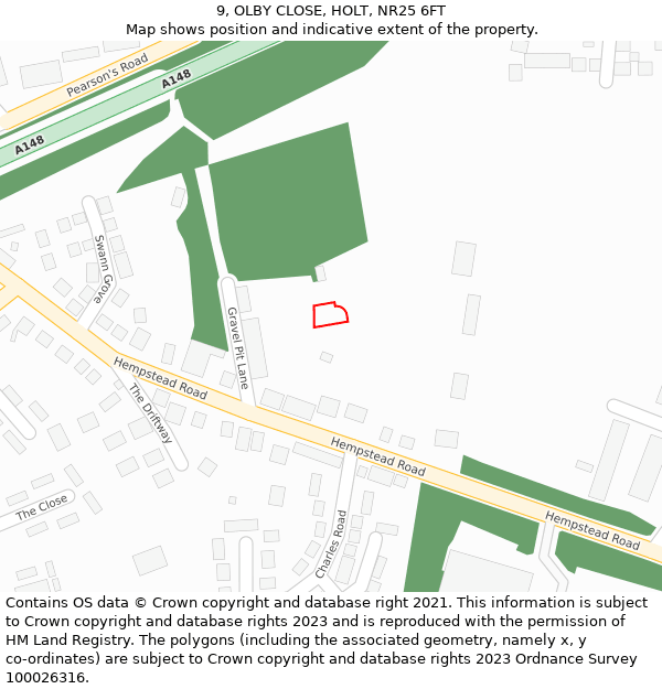 9, OLBY CLOSE, HOLT, NR25 6FT: Location map and indicative extent of plot