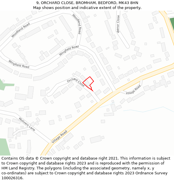 9, ORCHARD CLOSE, BROMHAM, BEDFORD, MK43 8HN: Location map and indicative extent of plot