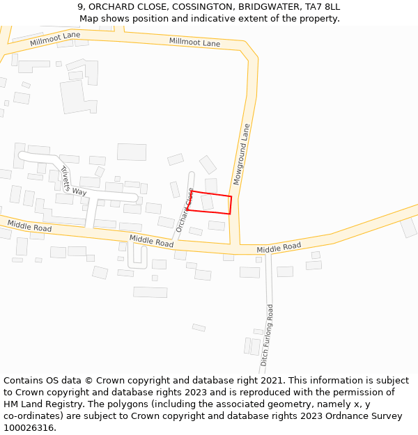 9, ORCHARD CLOSE, COSSINGTON, BRIDGWATER, TA7 8LL: Location map and indicative extent of plot