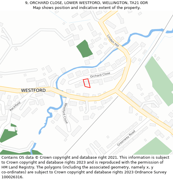 9, ORCHARD CLOSE, LOWER WESTFORD, WELLINGTON, TA21 0DR: Location map and indicative extent of plot