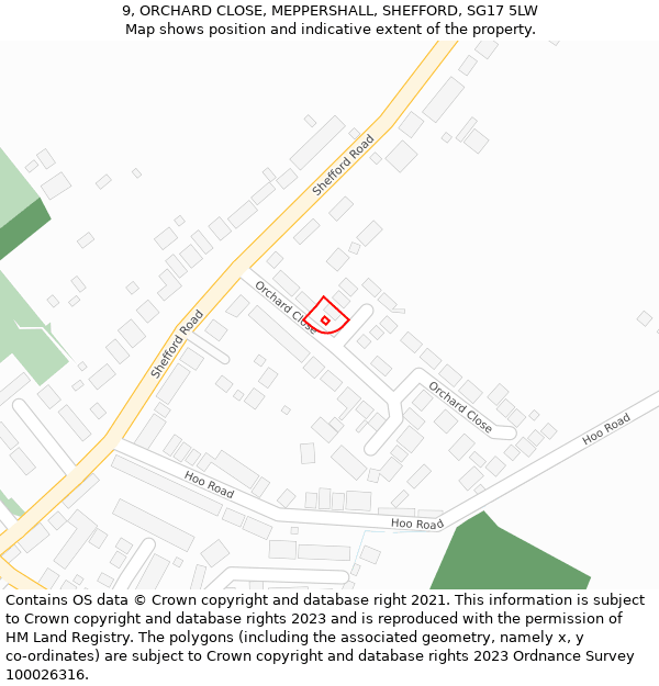 9, ORCHARD CLOSE, MEPPERSHALL, SHEFFORD, SG17 5LW: Location map and indicative extent of plot