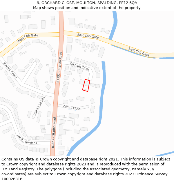 9, ORCHARD CLOSE, MOULTON, SPALDING, PE12 6QA: Location map and indicative extent of plot