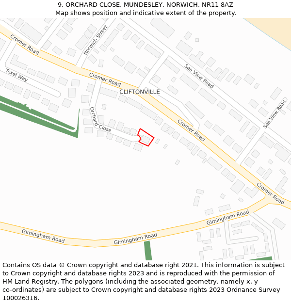 9, ORCHARD CLOSE, MUNDESLEY, NORWICH, NR11 8AZ: Location map and indicative extent of plot