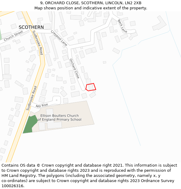 9, ORCHARD CLOSE, SCOTHERN, LINCOLN, LN2 2XB: Location map and indicative extent of plot