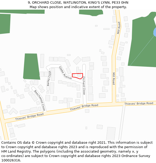 9, ORCHARD CLOSE, WATLINGTON, KING'S LYNN, PE33 0HN: Location map and indicative extent of plot