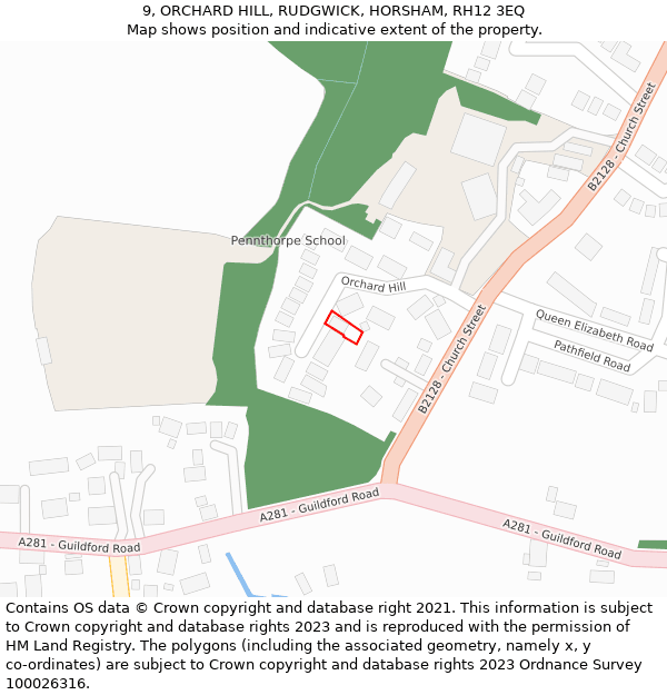 9, ORCHARD HILL, RUDGWICK, HORSHAM, RH12 3EQ: Location map and indicative extent of plot