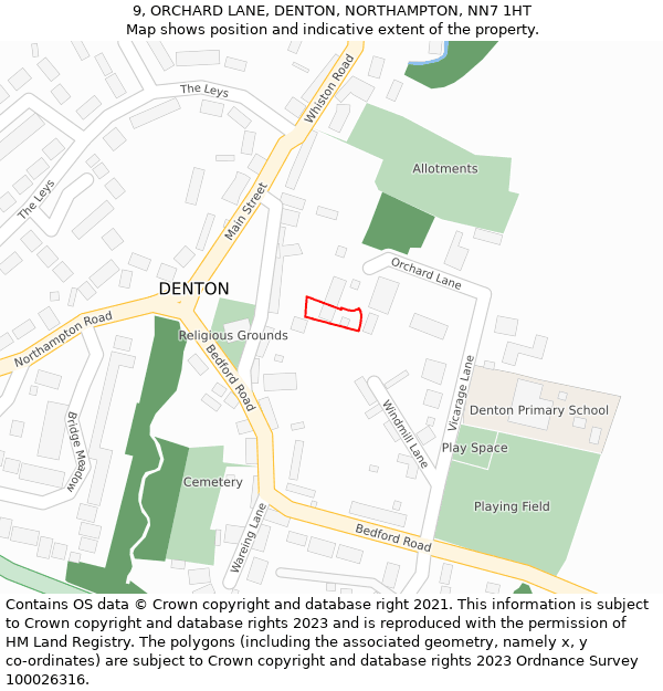 9, ORCHARD LANE, DENTON, NORTHAMPTON, NN7 1HT: Location map and indicative extent of plot