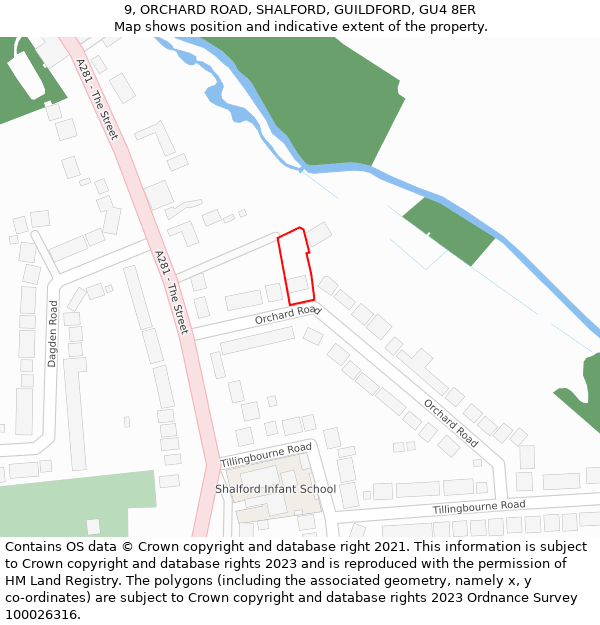 9, ORCHARD ROAD, SHALFORD, GUILDFORD, GU4 8ER: Location map and indicative extent of plot