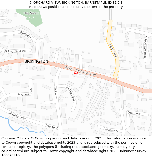 9, ORCHARD VIEW, BICKINGTON, BARNSTAPLE, EX31 2JS: Location map and indicative extent of plot