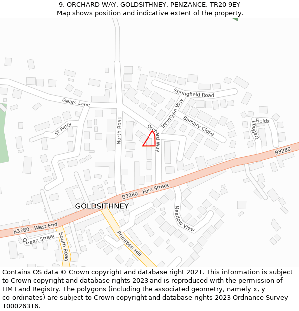 9, ORCHARD WAY, GOLDSITHNEY, PENZANCE, TR20 9EY: Location map and indicative extent of plot