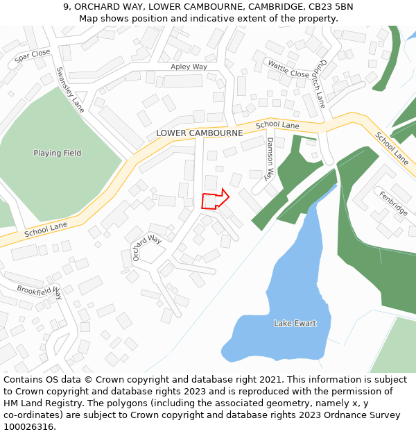 9, ORCHARD WAY, LOWER CAMBOURNE, CAMBRIDGE, CB23 5BN: Location map and indicative extent of plot