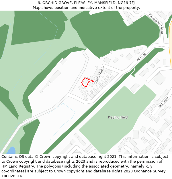 9, ORCHID GROVE, PLEASLEY, MANSFIELD, NG19 7FJ: Location map and indicative extent of plot