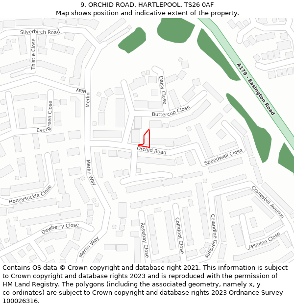 9, ORCHID ROAD, HARTLEPOOL, TS26 0AF: Location map and indicative extent of plot