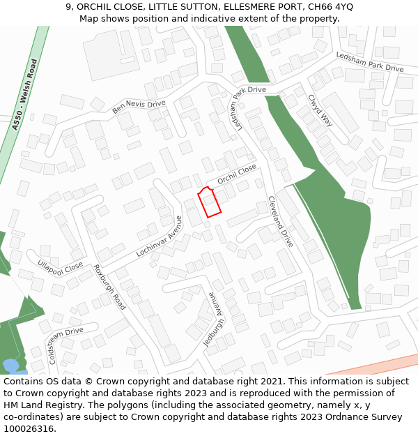 9, ORCHIL CLOSE, LITTLE SUTTON, ELLESMERE PORT, CH66 4YQ: Location map and indicative extent of plot