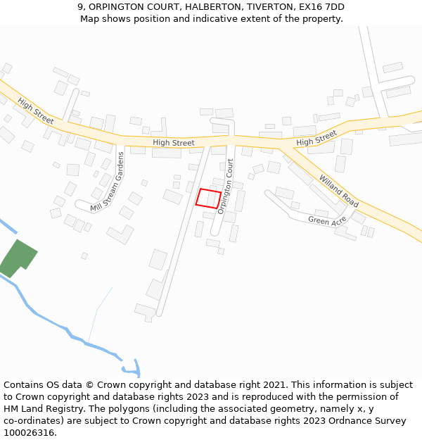 9, ORPINGTON COURT, HALBERTON, TIVERTON, EX16 7DD: Location map and indicative extent of plot