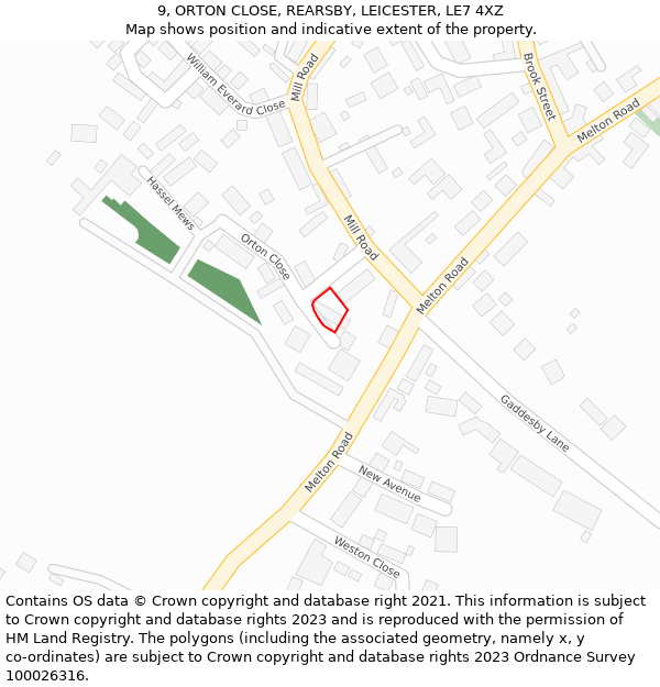 9, ORTON CLOSE, REARSBY, LEICESTER, LE7 4XZ: Location map and indicative extent of plot