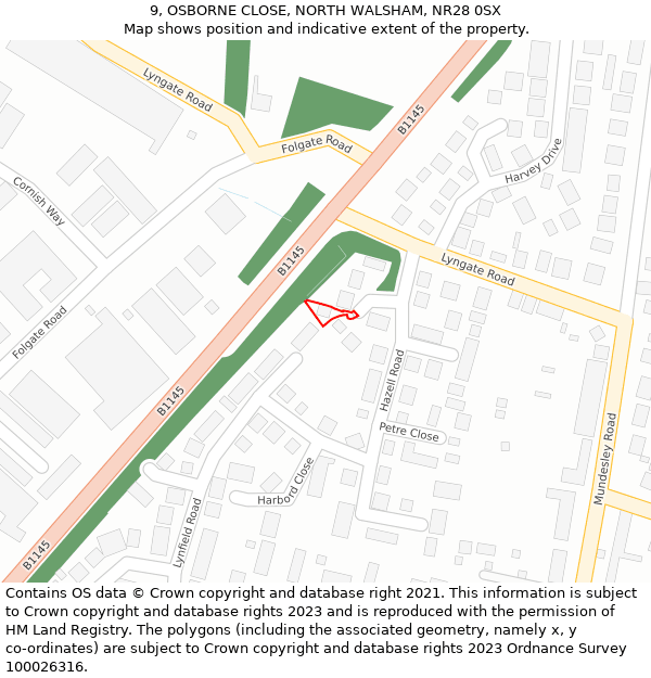 9, OSBORNE CLOSE, NORTH WALSHAM, NR28 0SX: Location map and indicative extent of plot