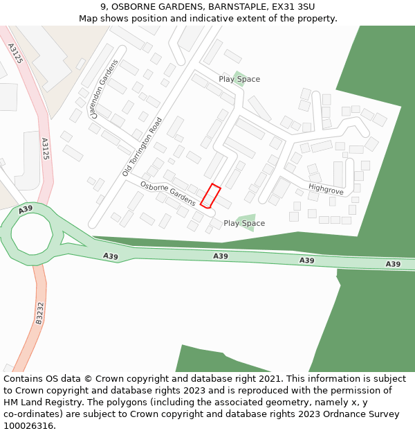 9, OSBORNE GARDENS, BARNSTAPLE, EX31 3SU: Location map and indicative extent of plot